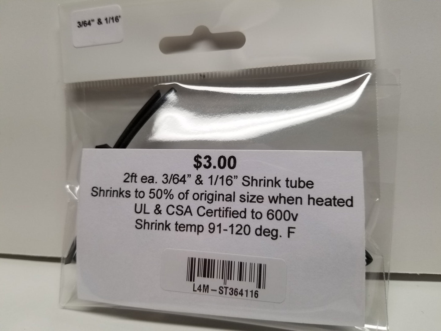 2 ft each of 3/64 & 1/16 black Shrink Tube