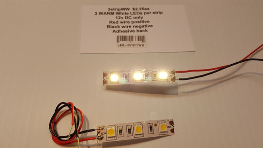 Strip of 3, 5mm square warm white LEDs with adhesive backing & prewired