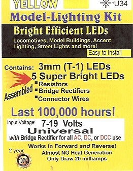 U34 3 mm Bright Yellow LED, Pkg=5 by Evan Designs-0