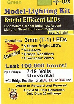 Led U35 U35 3mm Bright Green LED, Pkg. of 5 – Lights4Models