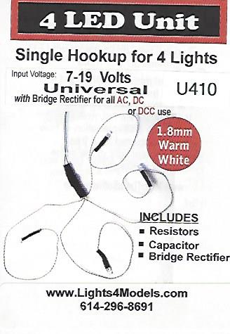 U410 4 bright LEDs for trains & buildings, Warm White, 1.8mm by Evan Designs-0