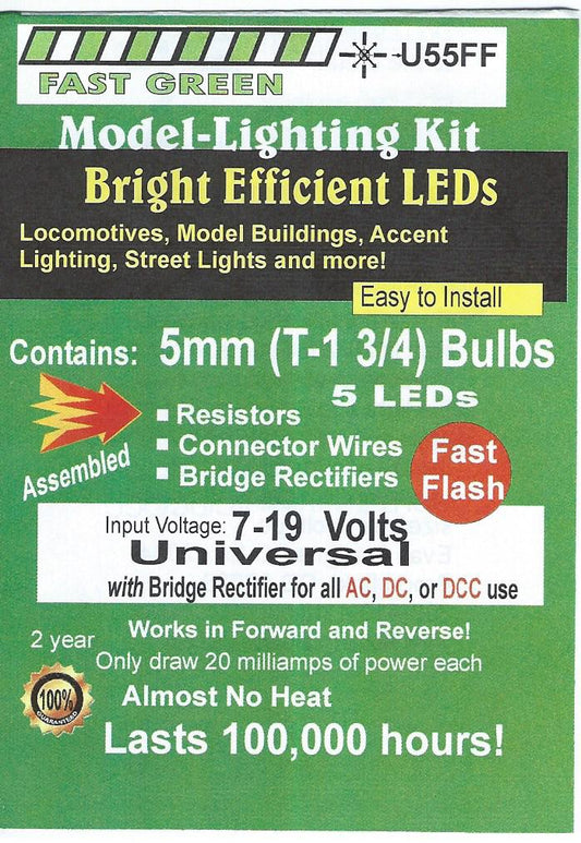 U55FF 5 mm Bright Fast flashing Green LED, Pkg=5 by Evan Designs-0